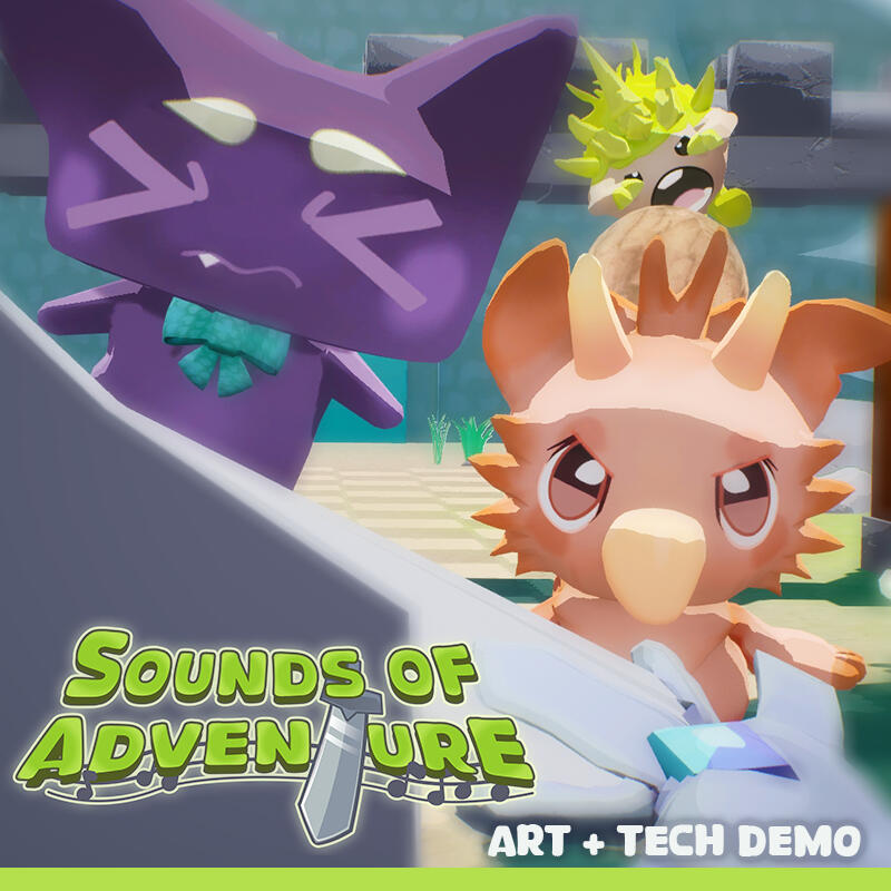 Thumbnail for Sounds of Adventure, a VR art and tech demo. It shows a first person perspective of a character wielding a sword, being rushed out by multiple cute, stylized creatures.