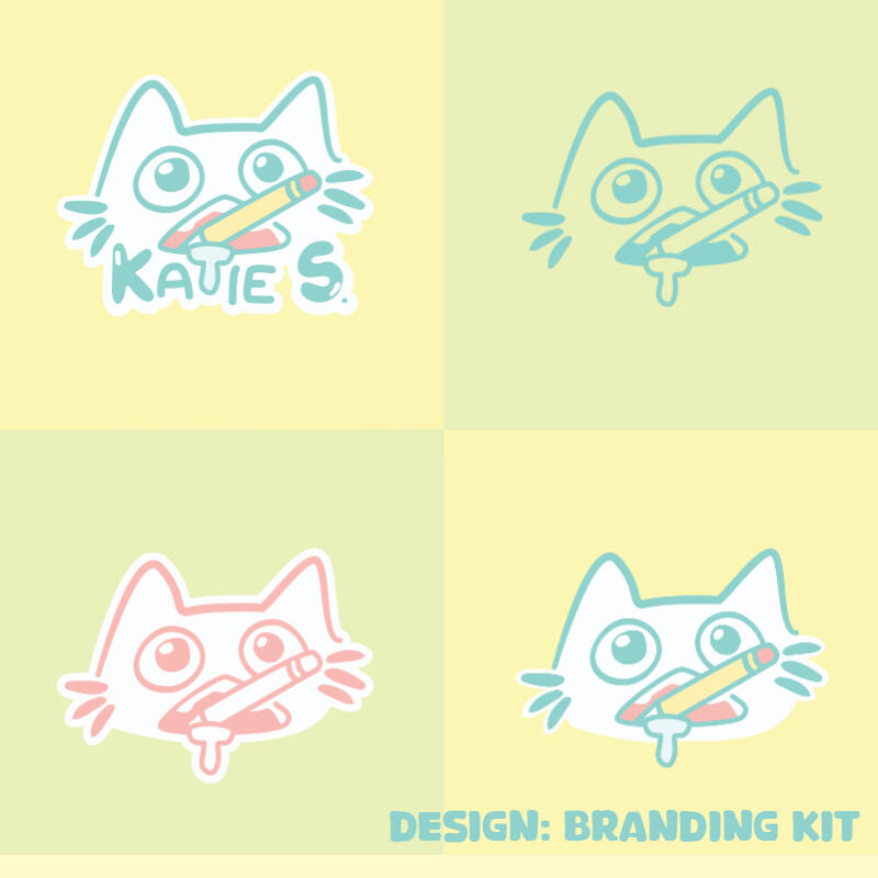 Thumbnail for 2025 Personal Branding Kit. The thumbnail shows a grid of four logos that are a silly cat-like face chewing on a pencil. One says Katie S. underneath.