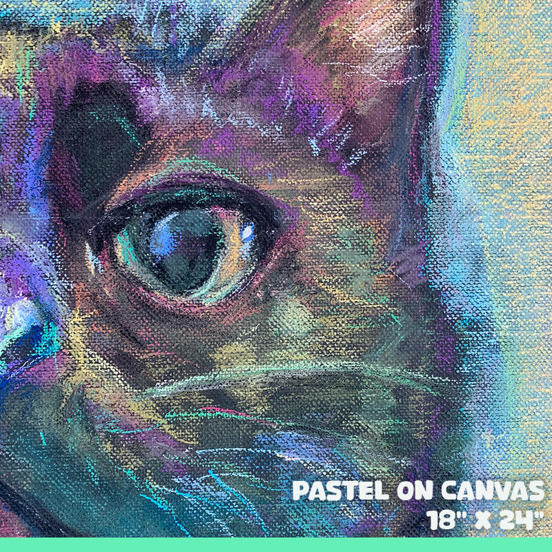 Thumbnail for Midge, a pastel on canvas portrait of a cat that is 18 by 24 inches. The piece is very colorful, with defined texture and a background of varied greens.