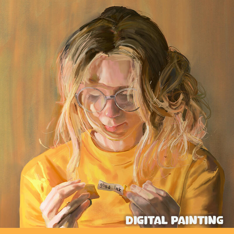 Thumbnail for a self-portrait, a digital painting. The subject is a girl with her hair up, opening a fortune cookie that says "good luck", and wearing a high-neck, long-sleeve yellowt shirt.